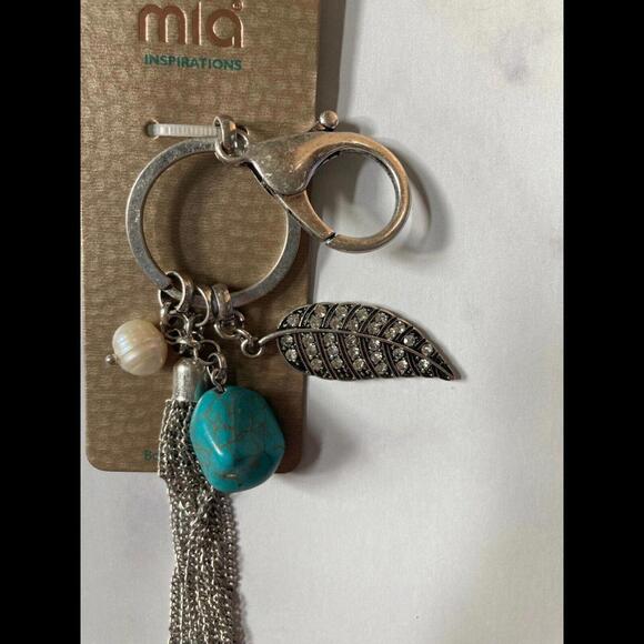 Mia Inspirations Fashion Keychain Silver Clip Turquoise, Pearl, & Bling Feather - Picture 3 of 4